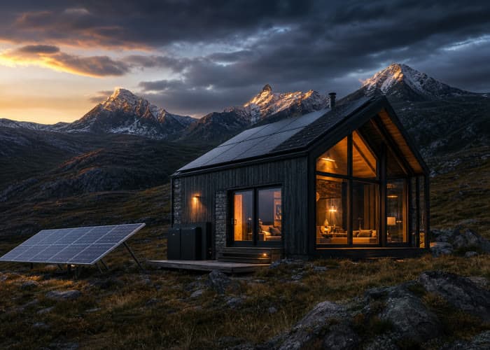 Afgelegen off-grid cabin in een berg- en boslandschap