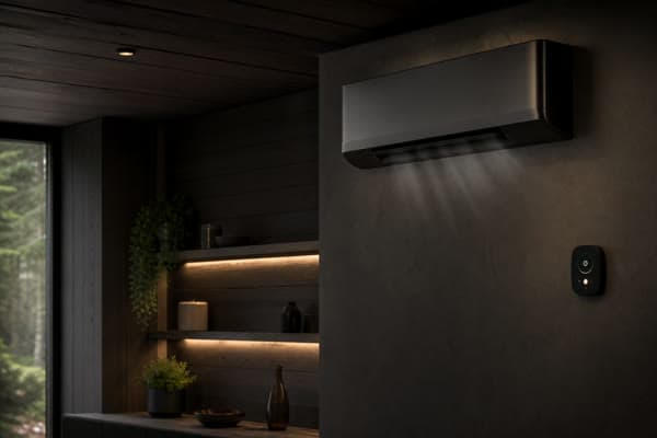 Minimalistische klimaatunit bij een moderne cabin