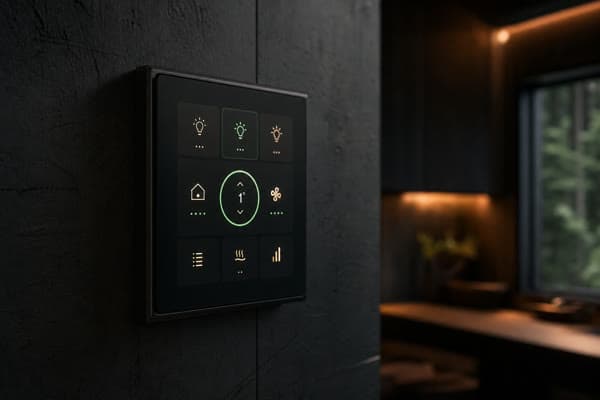 Premium bedienpaneel in een donkere, moderne leefruimte